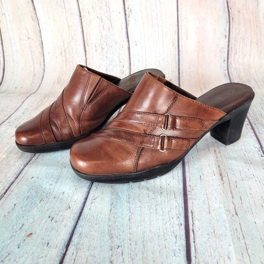 CLARKS Brown Leather Bendables Double Strap Casual Mule Clogs Shoes - 6M